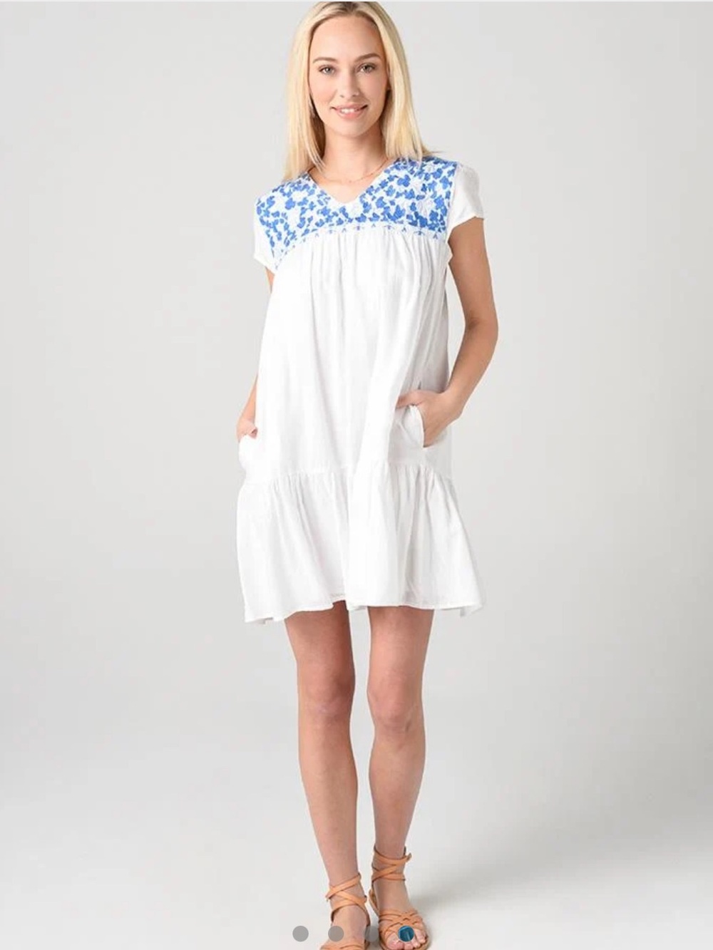 J. Marie Tiered White Swing Mini Hannah Dress with Blue Embroidered Yoke